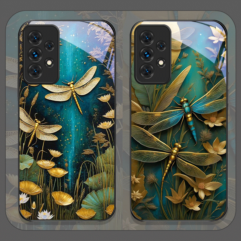 Samsung Galaxy A55 - 花柄ゴールデン・ドラゴンフライ強化ガラス製スマホケース Samsung Galaxy A06 A17 A55